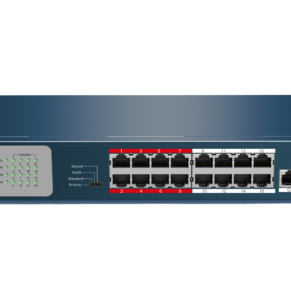 Get the Hikvision DS-3E0318P-E-M 16-Port Unmanaged PoE Ethernet Switch with gigabit uplink and SFP port, extended PoE reach, and robust performance — ideal for CCTV and network installations.